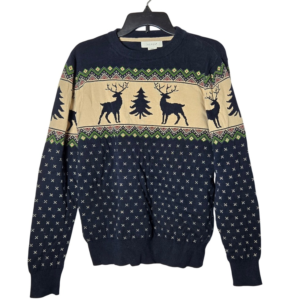 Aspen Mens Reindeer Fair Isle Knit Crewneck Sweater Medium Holiday‎ Christmas